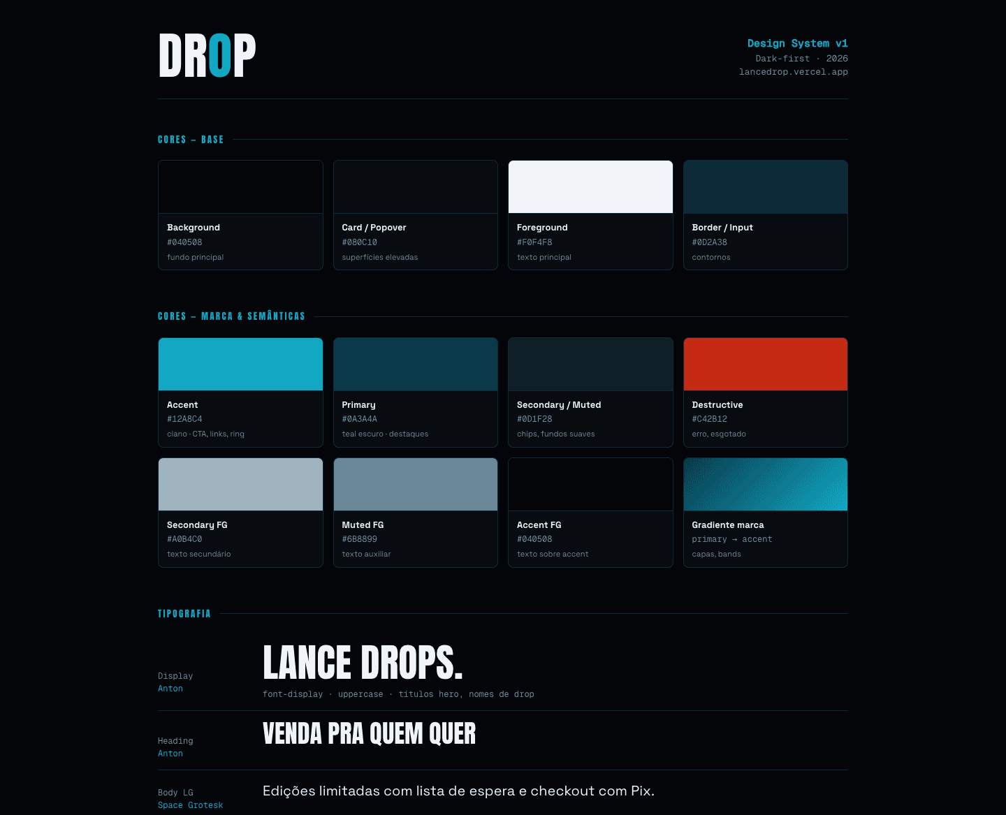 Tokens and palette: dark background, cyan accent, status semantics and display typography.