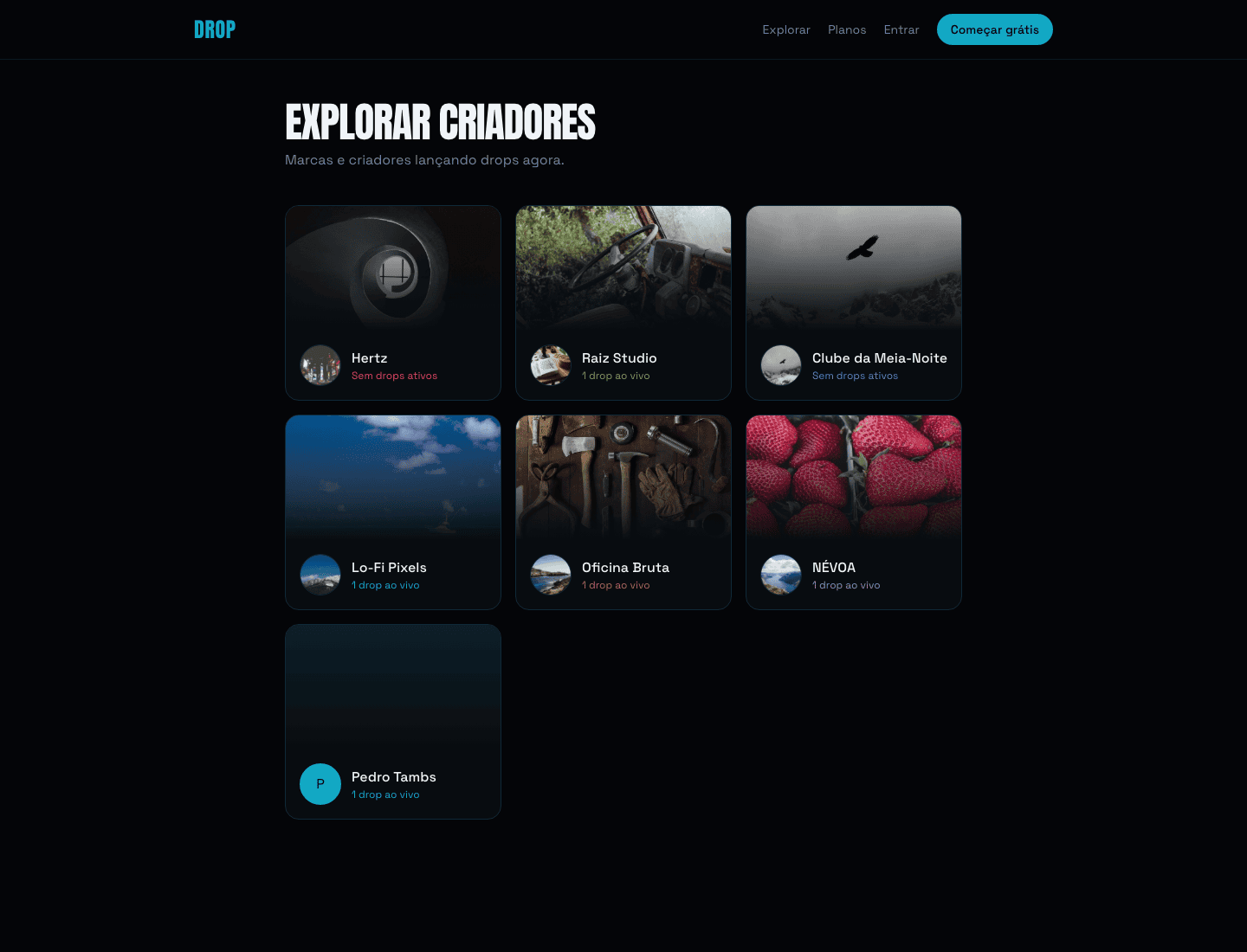 Creator directory: each brand with its own storefront and live drops