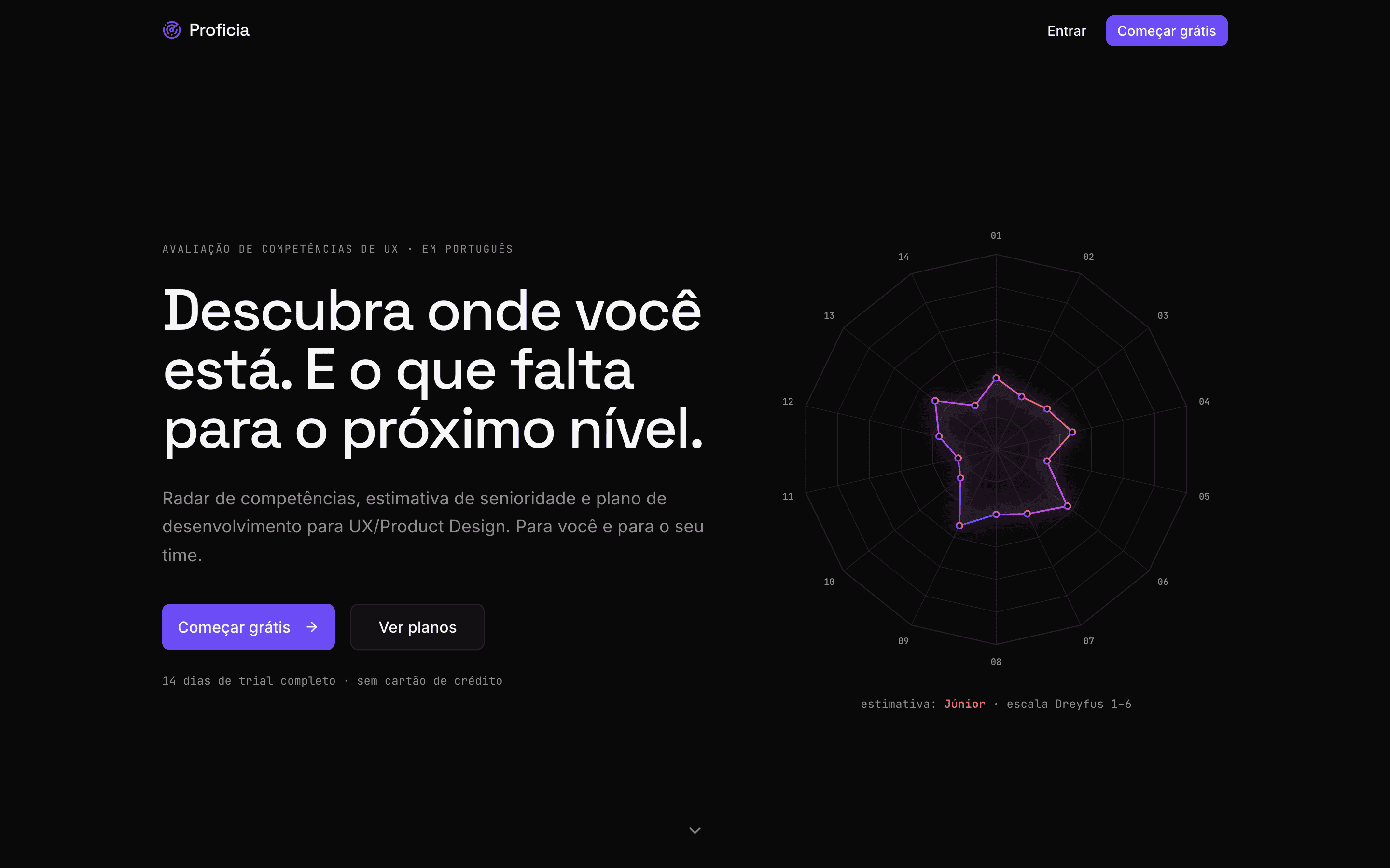 Landing: the 'living radar' draws itself and continuously morphs between Junior → Mid → Senior profiles.