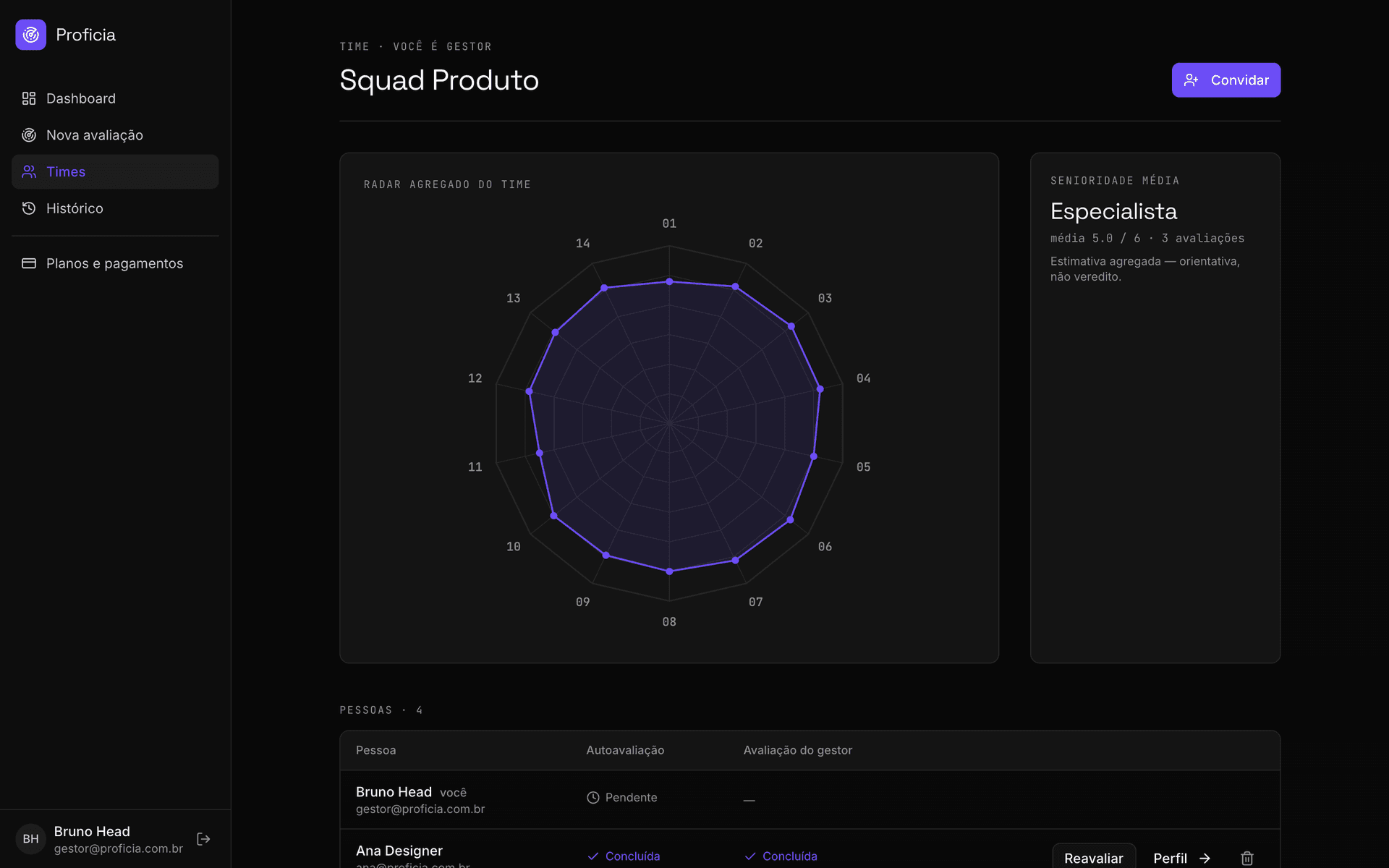 Aggregate team radar and average seniority.